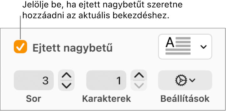 Az Ejtett nagybetű jelölőnégyzet be van jelölve, a négyzet jobb oldalán egy előugró menü látható, a menü alatt pedig a sorok magasságának, a karakterek számának és az egyéb lehetőségeknek beállítására szolgáló vezérlők jelennek meg.