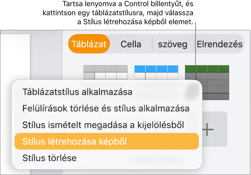 A Táblázatstílus helyi menü.