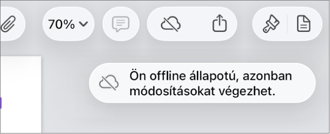 A képernyő tetején található gombok, ahol az Együttműködés gomb egy átlósan áthúzott felhőre módosul. Figyelmeztetés a képernyőn: „Offline módban van, de folytathatja a szerkesztést”.