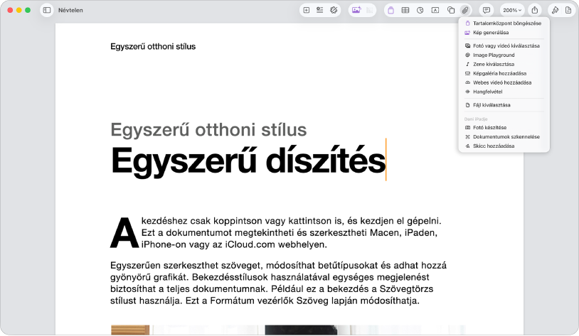 Egy megnyitott dokumentum a megnyitott Média hozzáadása menüvel.