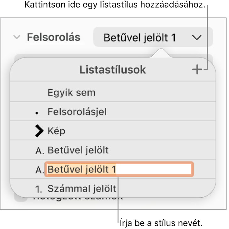 A Listastílusok előugró menü a felső sarokban található Hozzáadás gombbal és egy helyőrző stílusnévvel, amelynek szövege ki van jelölve.
