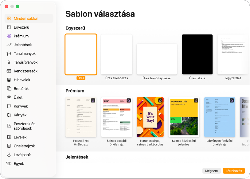 A sablonválasztó. A bal oldali oldalsáv tartalmazza a sablonkategóriákat, melyekre kattintva szűrheti a lehetőségeket. A jobb oldalon előre elkészített sablonok bélyegképei láthatók, kategóriákba rendezett sorokban. A Mégsem és a Létrehozás gombok a jobb alsó sarokban láthatók.