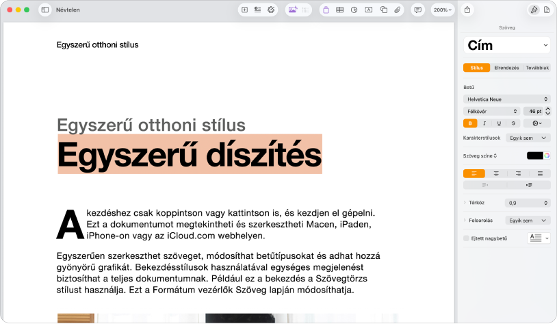 Egy megnyitott dokumentum a megnyitott Formázás oldalsávval és a kijelölt Szöveg lappal.
