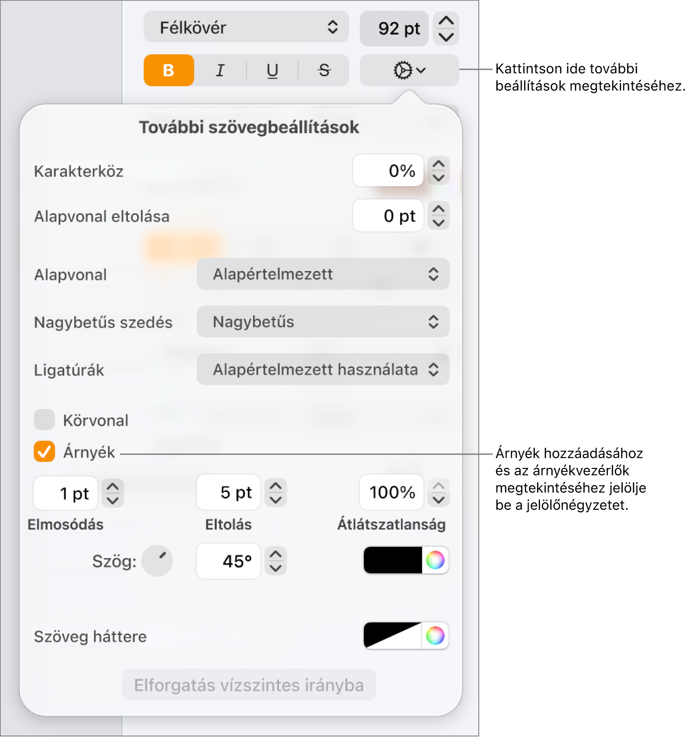 A Haladó beállítások menü megnyitott állapotban a bejelölt Árnyékok jelölőnégyzettel, valamint az elmosódás, az eltolás, az átlátszatlanság, a szög és a szín beállítására szolgáló vezérlőkkel.