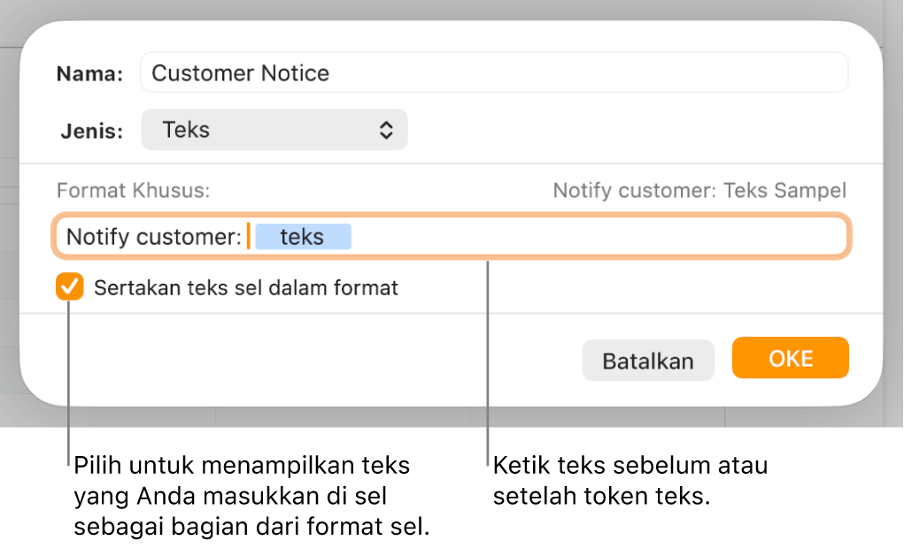 Jendela format sel khusus dengan kontrol untuk memilih pemformatan teks khusus.
