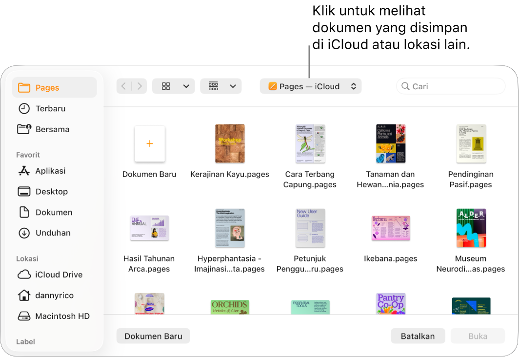 Dialog Buka dengan bar samping terbuka di sebelah kiri dan iCloud Drive dipilih di menu pop-up di bagian atas. Folder Pages muncul di jendela dialog, bersama dengan tombol Buat Dokumen Baru.