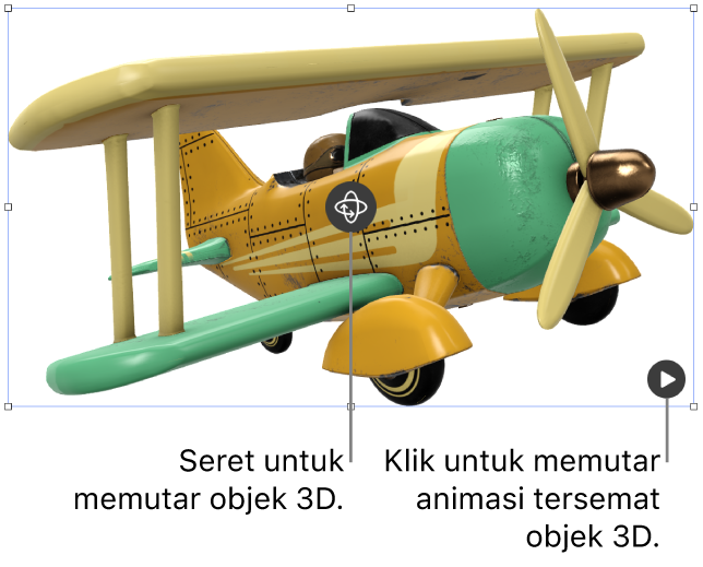Objek 3D dengan tombol Putar di bagian tengah objek, dan tombol Putar di pojok kanan bawah.