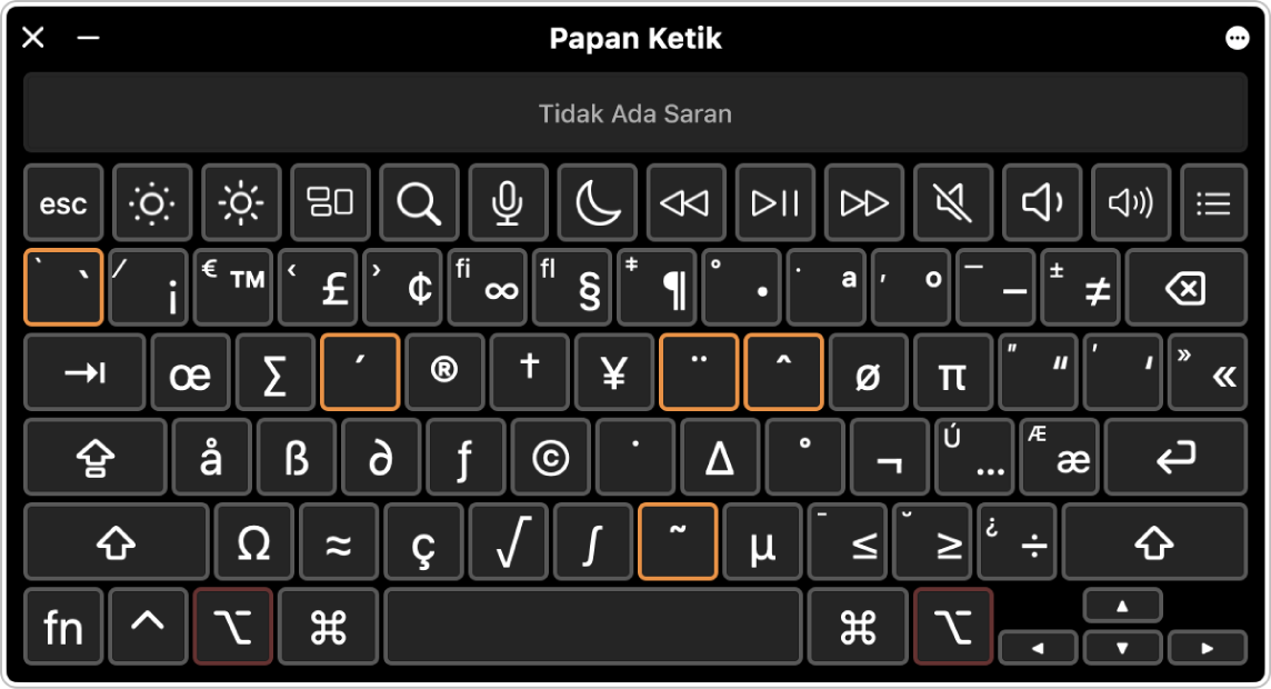 Penampil Papan Ketik terbuka dengan tombol diakritik yang disorot.