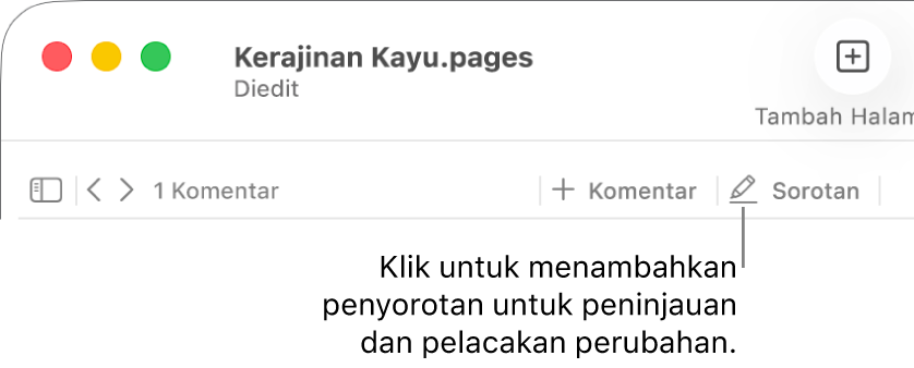 Bar menu menampilkan menu Sisipkan dan di bagian bawahnya, terdapat bar alat Pages dengan alat tinjauan dan keterangan pada tombol Sorot.