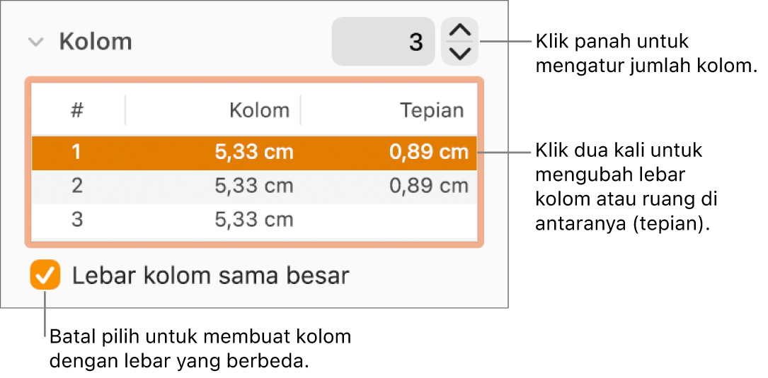 Panel Tata Letak pada inspektur Format, menampilkan kontrol kolom.