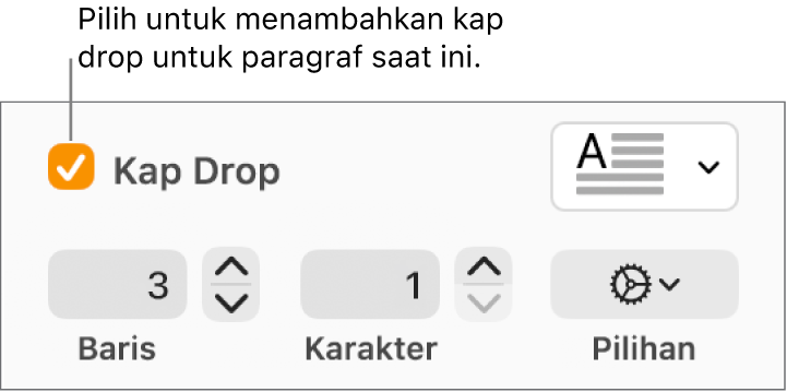 Kotak teks Kap Drop dipilih, dan menu pop-up muncul di kanannya; kontrol untuk mengatur tinggi garis, jumlah karakter, dan pilihan lainnya muncul di bawahnya.