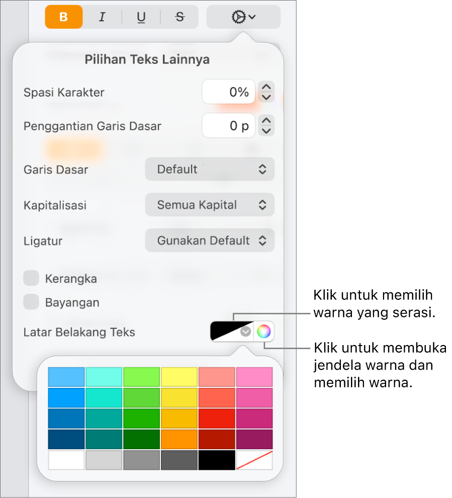 Kontrol untuk memilih warna latar belakang untuk teks.