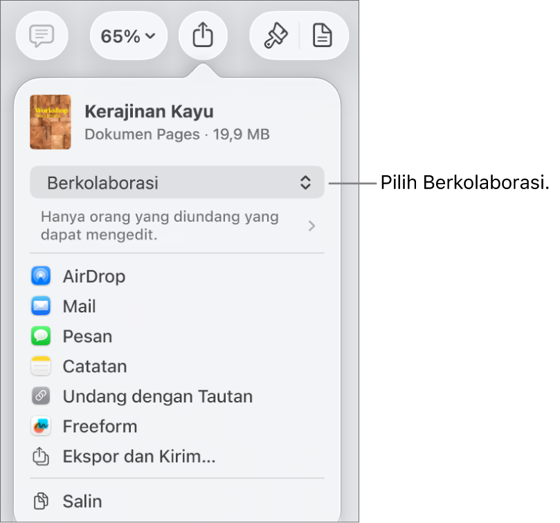 Menu Bagikan dengan Kolaborasi dipilih di bagian atas, dan pengaturan dan izin di bawahnya.