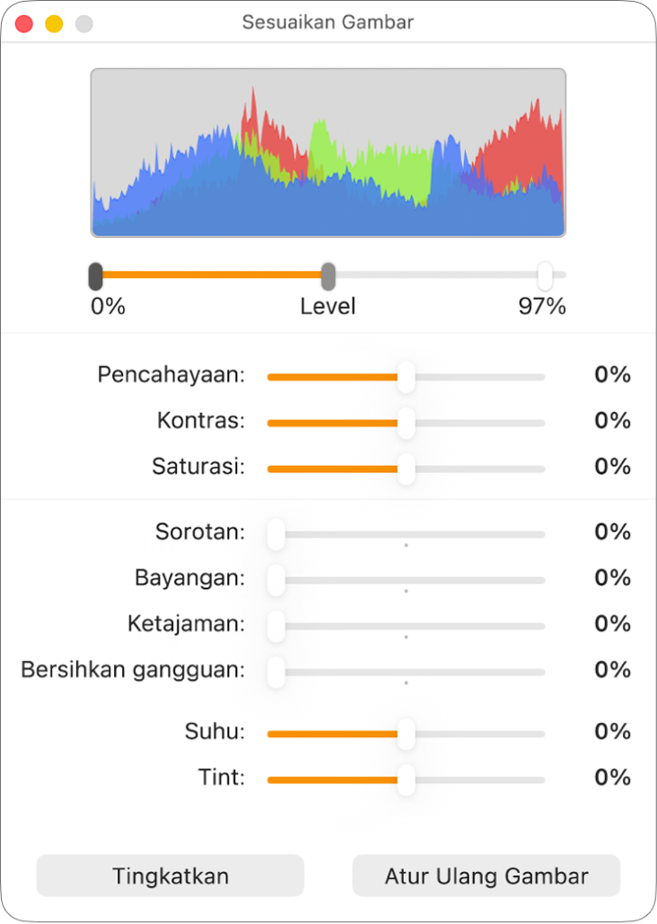 Jendela Sesuaikan Gambar dengan penggeser untuk mengatur pencahayaan, kontras, saturasi, sorotan, bayangan, pertajam, bersihkan gangguan, suhu, dan tint.