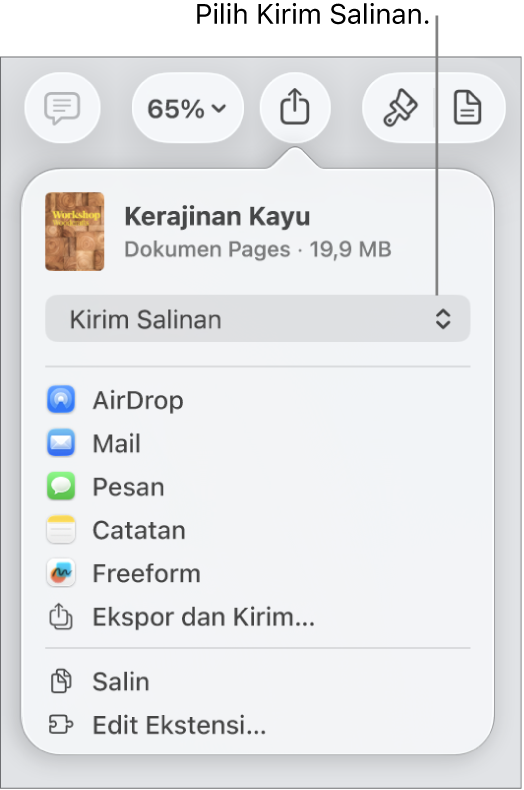 Menu Bagikan dengan Kirim Salinan dipilih di bagian atas.