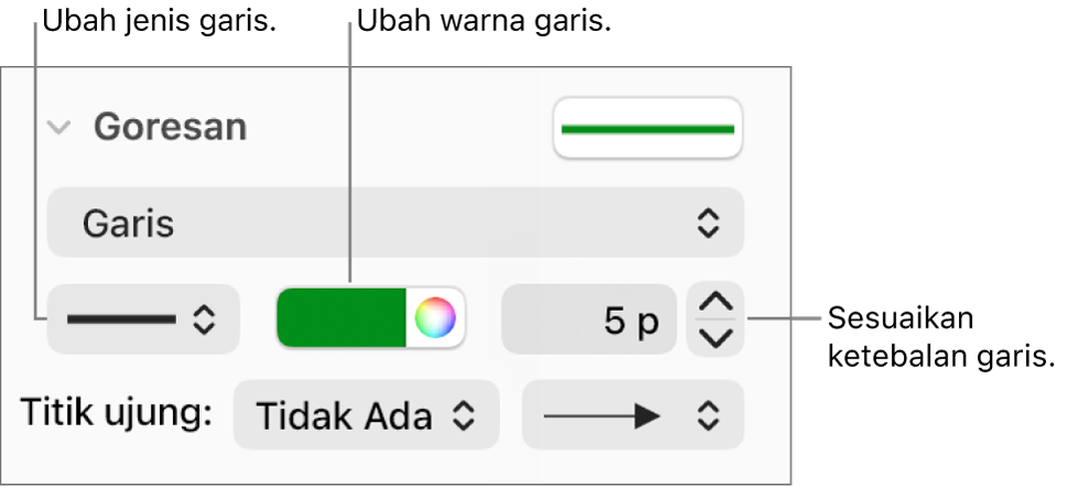 Kontrol goresan untuk mengatur titik akhir, ketebalan garis, dan warna.