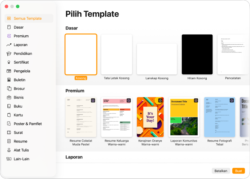 Pemilih template. Bar samping di sebelah kiri mencantumkan kategori template yang dapat Anda klik untuk memfilter pilihan. Di sebelah kanan terdapat gambar mini template yang dirancang sebelumnya, yang diatur dalam baris menurut kategori. Tombol Batal dan Buat ada di pojok kanan bawah.