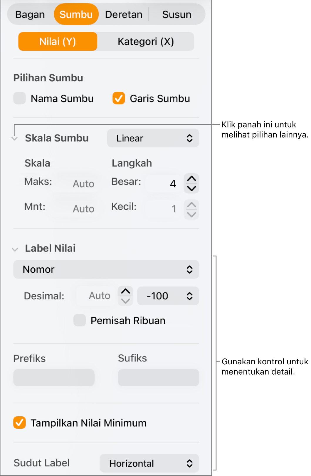 Kontrol untuk memformat penandaan sumbu bagan.