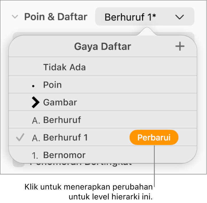 Menu pop-up Gaya Daftar dengan tombol Perbarui di samping nama gaya baru.