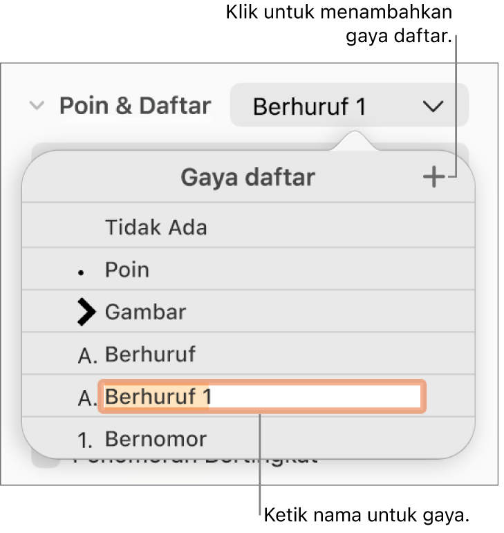 Menu pop-up Gaya Daftar dengan tombol Tambah di pojok kanan atas dan nama gaya placeholder dengan teksnya dipilih.