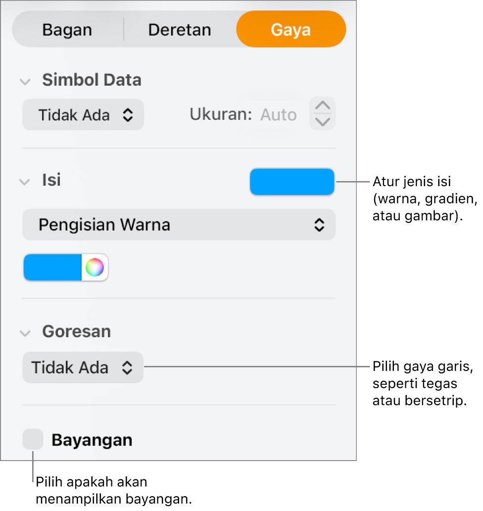 Kontrol untuk mengubah tampilan deretan data.
