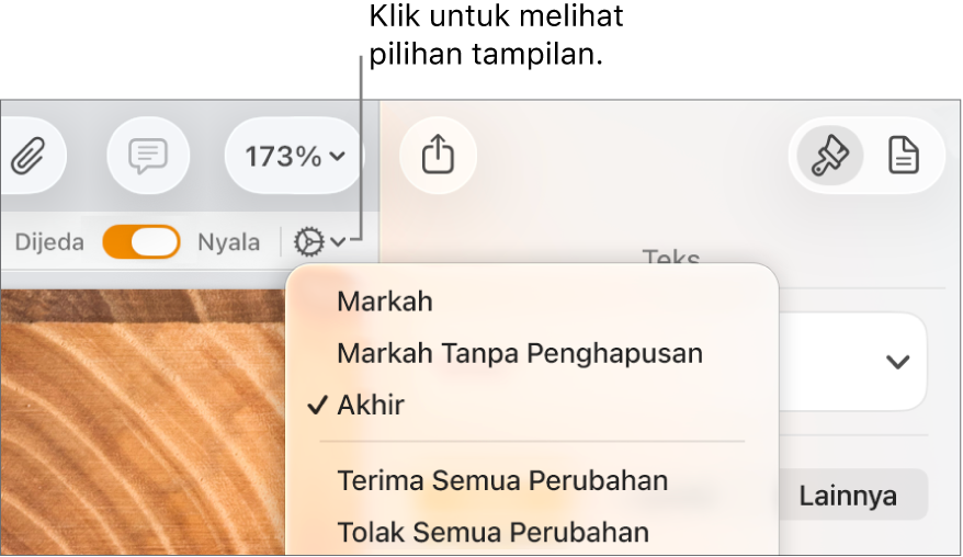 Menu pilihan tinjauan menampilkan Markah, Markah Tanpa Penghapusan, dan Akhir.