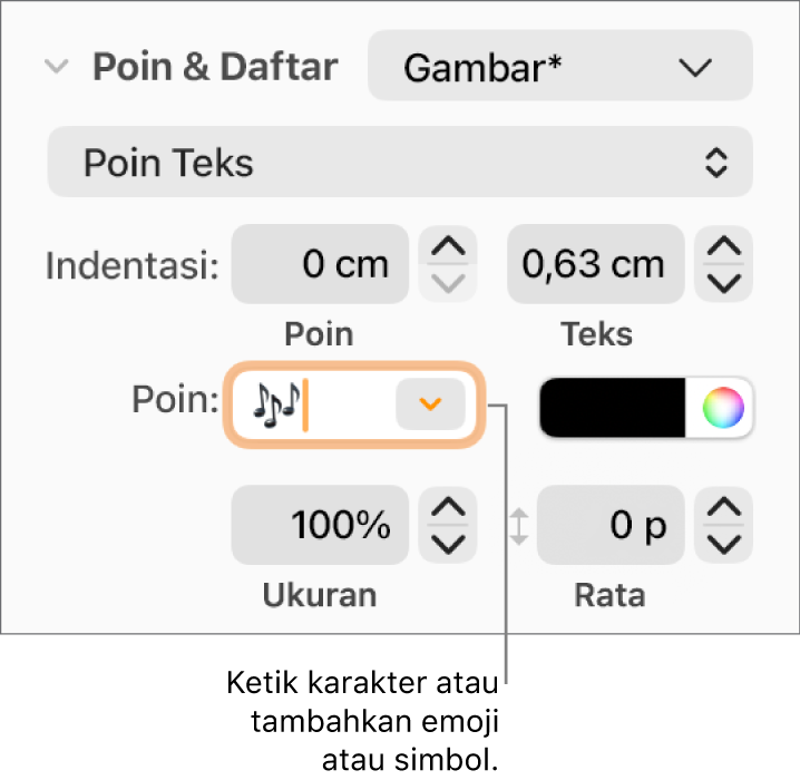 Bagian Poin & Daftar pada bar samping Format. Bidang Poin menampilkan emoji bunga.