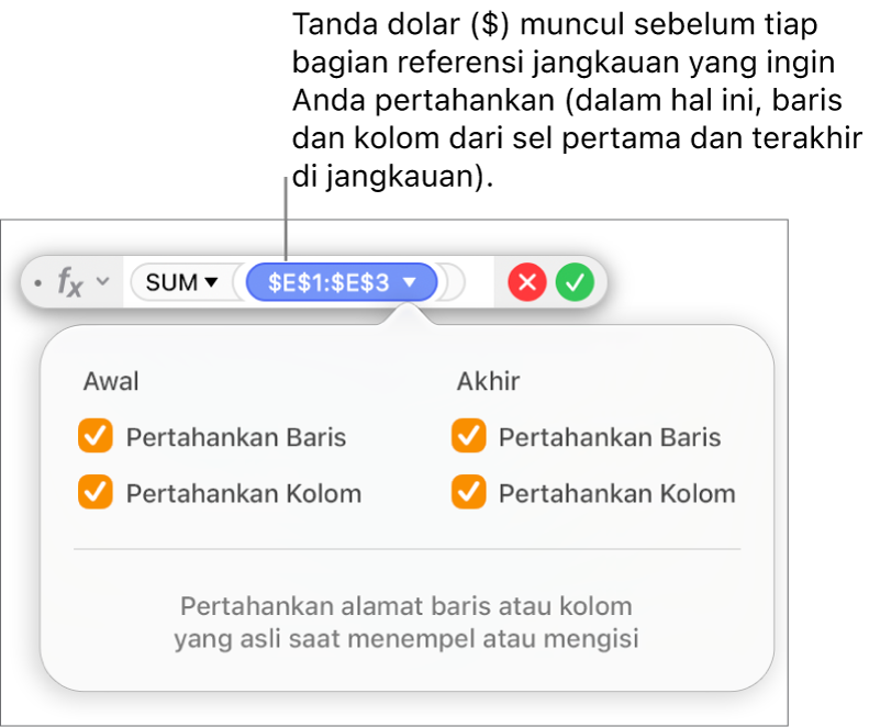 Editor Formula menampilkan opsi Pertahankan Baris dan Pertahankan Kolom yang dipilih untuk rentang tertentu.