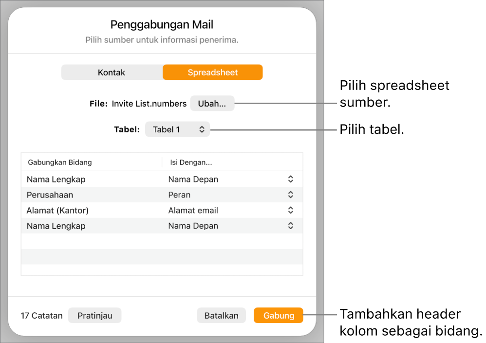 Panel Pratinjau Bidang Gabungan dibuka, dengan pilihan untuk mengubah file atau tabel sumber, mempratinjau nama bidang gabungan, atau menambahkan header kolom sebagai bidang.