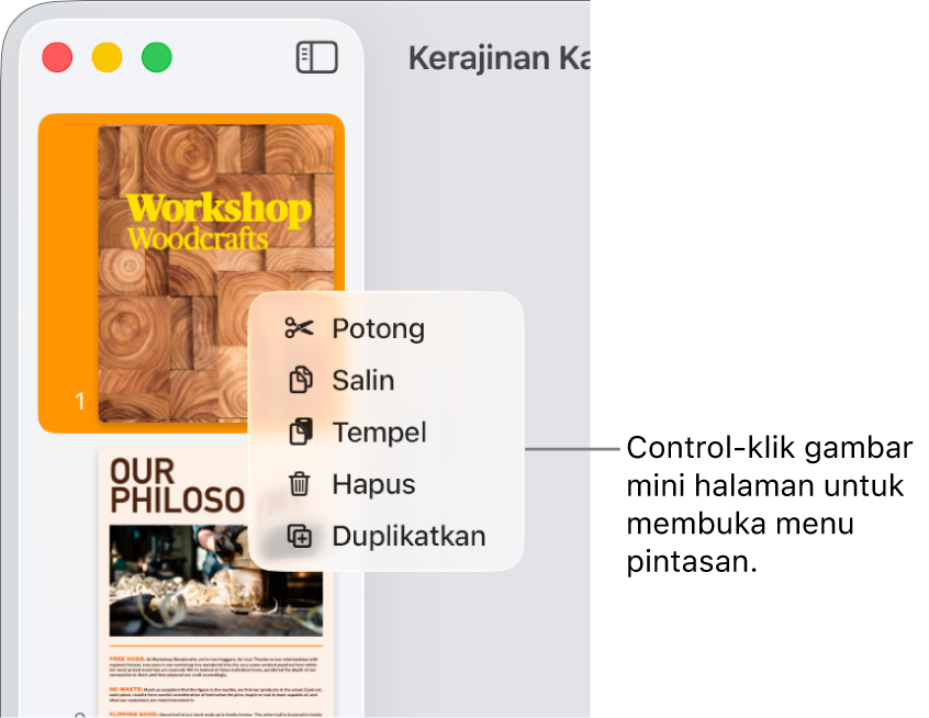 Tampilan Gambar Mini Halaman dengan satu gambar mini dipilih dan menu pintasan dibuka.