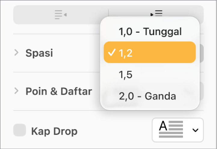 Menu pop-up Spasi dengan Tunggal, Ganda, dan pilihan lainnya.