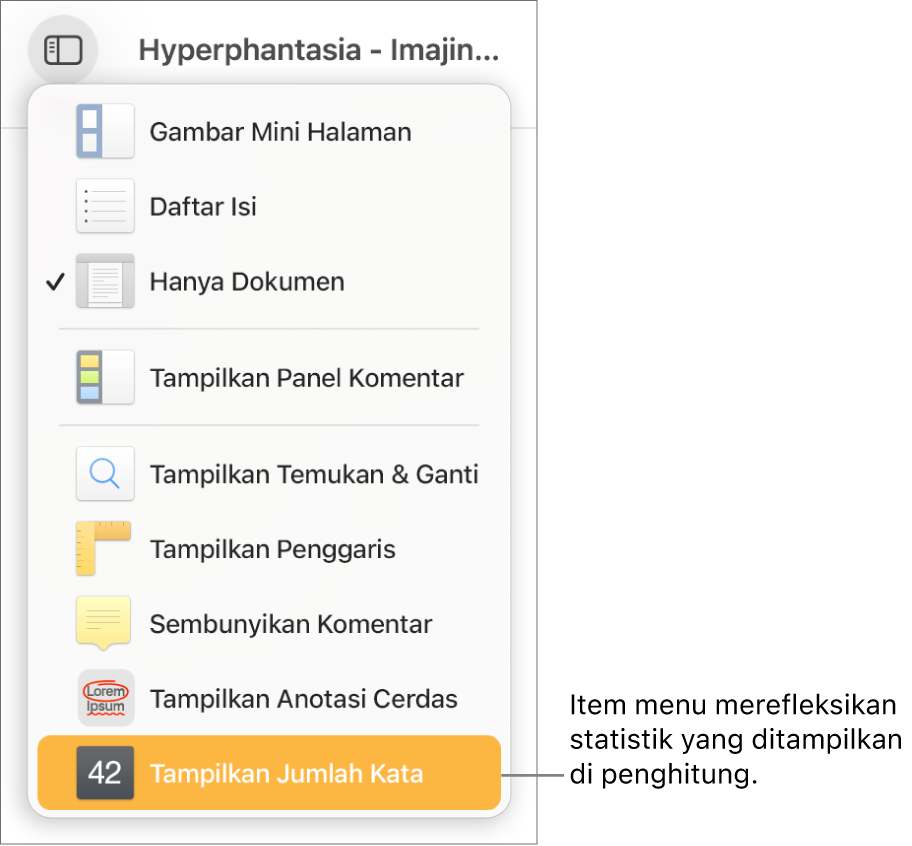 Menu Lihat dibuka dengan Tampilkan Jumlah Karakter di dekat bagian bawah.