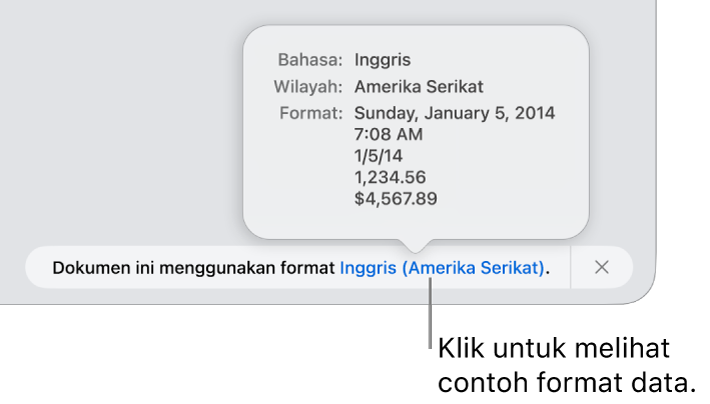 Pemberitahuan pengaturan bahasa dan wilayah yang berbeda, menunjukkan contoh format dalam bahasa dan wilayah tersebut.