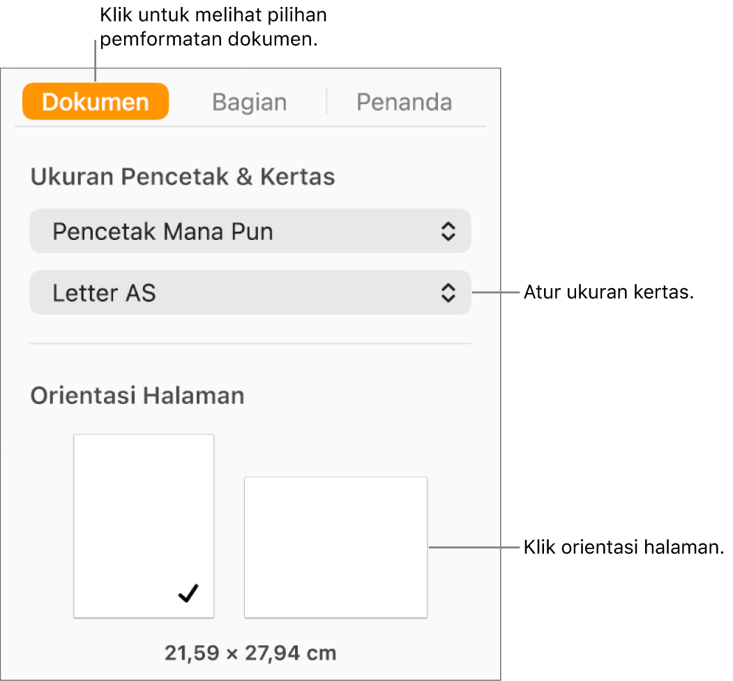 Bar samping Dokumen dengan tab Dokumen di bagian atas bar samping dipilih. Di bar samping terdapat menu pop-up untuk mengatur ukuran kertas, dan tombol untuk orientasi halaman potret dan lanskap.