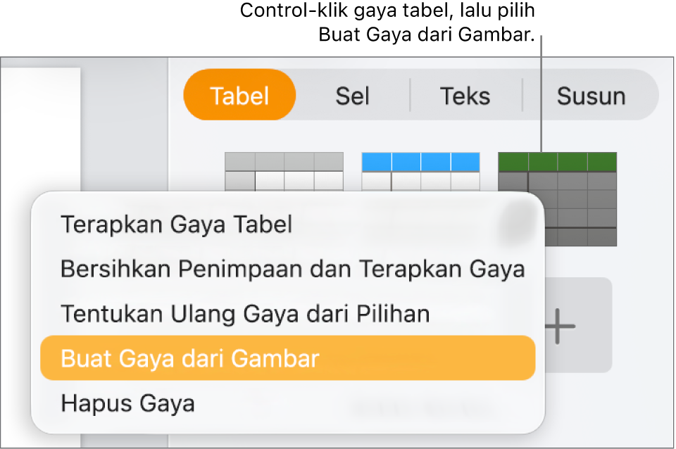 Menu pintasan gaya tabel.