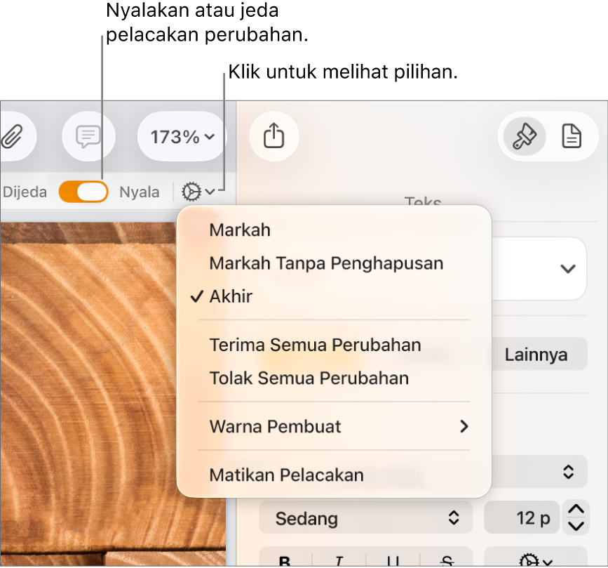 Menu pilihan pelacakan menampilkan Matikan Pelacakan di bagian bawah, dan keterangan pada tombol Pelacakan Menyala dan Jeda.