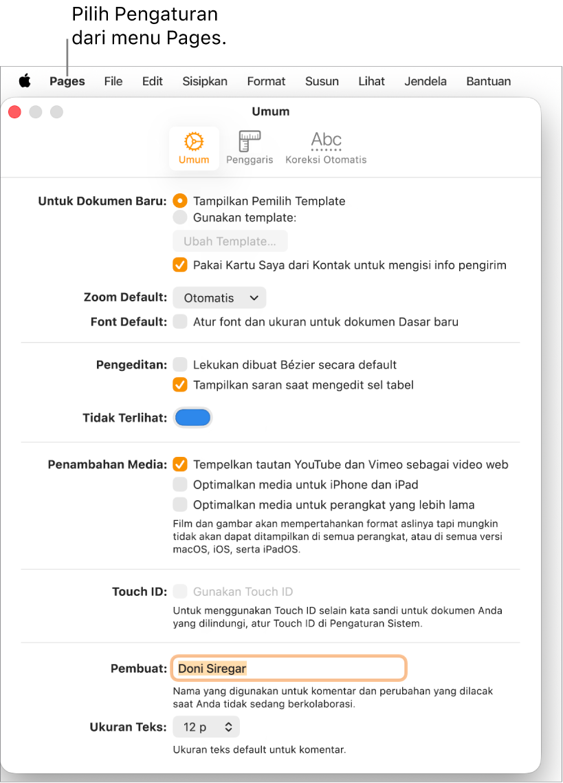 Jendela Pengaturan Pages terbuka ke panel Umum, dengan pengaturan untuk dokumen baru, zoom dan font default, pengeditan, persamaan, tidak terlihat, menambahkan media, Touch ID, nama pembuat, serta ukuran teks default.