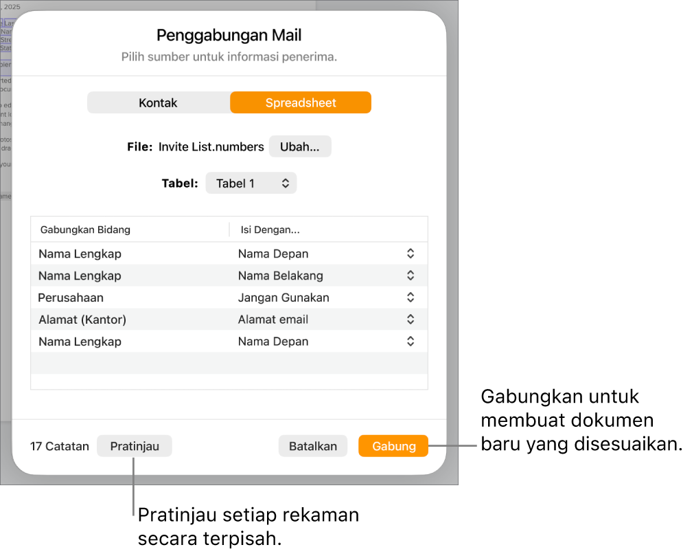 Panel Penggabungan Mail dibuka, dengan pilihan untuk mengubah file atau tabel sumber, mempratinjau nama bidang gabungan atau catatan terpisah, atau menggabungkan dokumen.