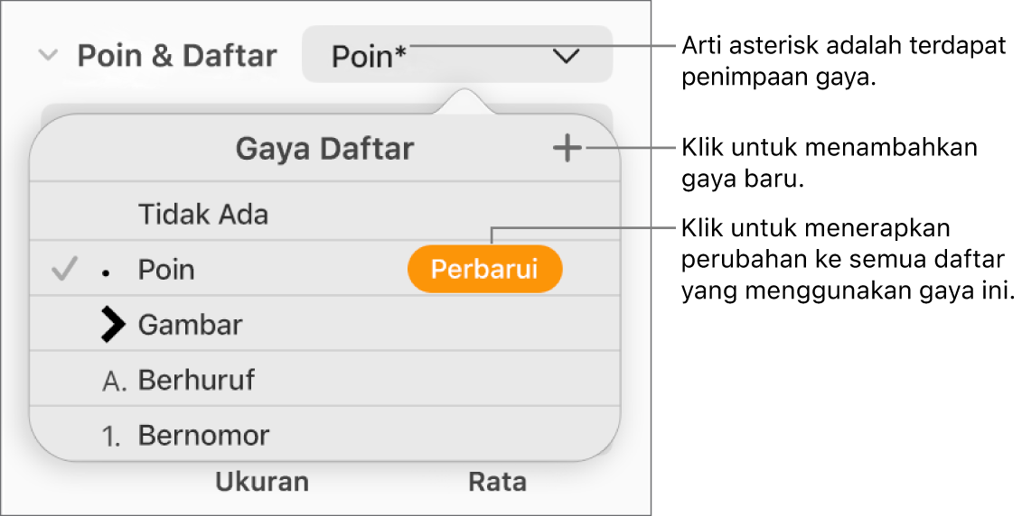 Menu pop-up Gaya Daftar dengan asterisk yang menunjukkan penimpaan dan keterangan pada tombol Gaya Baru, dan submenu pilihan untuk mengelola gaya.