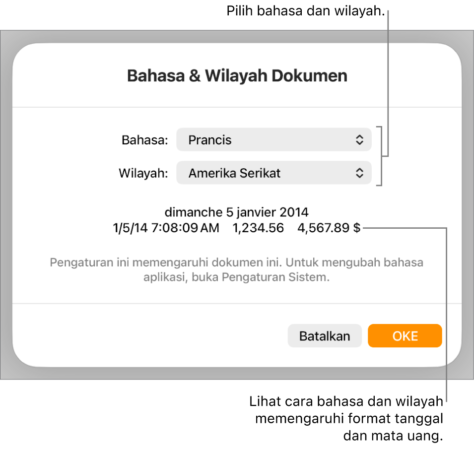 Panel Bahasa & Wilayah dengan kontrol untuk bahasa dan wilayah, serta contoh format termasuk tanggal, waktu, desimal, dan mata uang.
