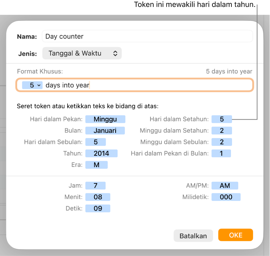 Jendela format sel khusus dengan kontrol untuk memilih pemformatan tanggal dan waktu khusus.
