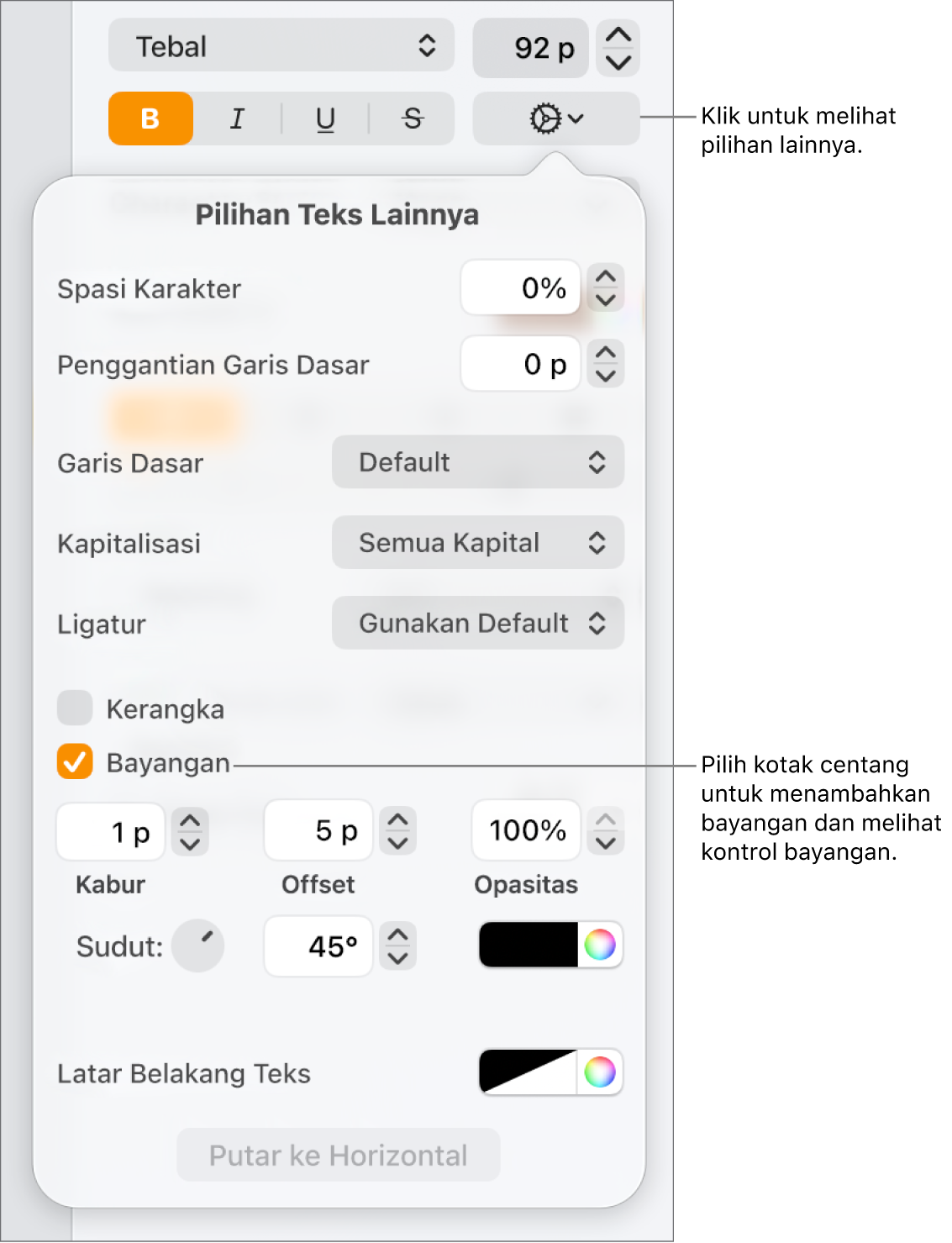 Menu Pilihan Lanjutan terbuka dan menampilkan kotak centang Bayangan yang dipilih dan kontrol untuk mengatur kekaburan, offset, opasitas, sudut, dan warna.