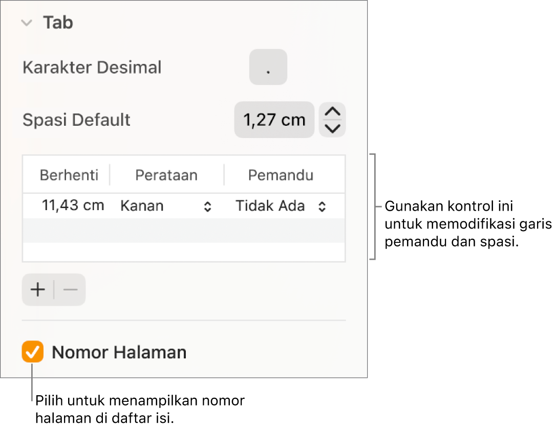 Bagian Tab pada bar samping Format. Di bawah Spasi Default terdapat tabel dengan kolom Penghentian, Perataan, dan Pemandu. Kotak centang Nomor Halaman dipilih dan muncul di bawah daftar.