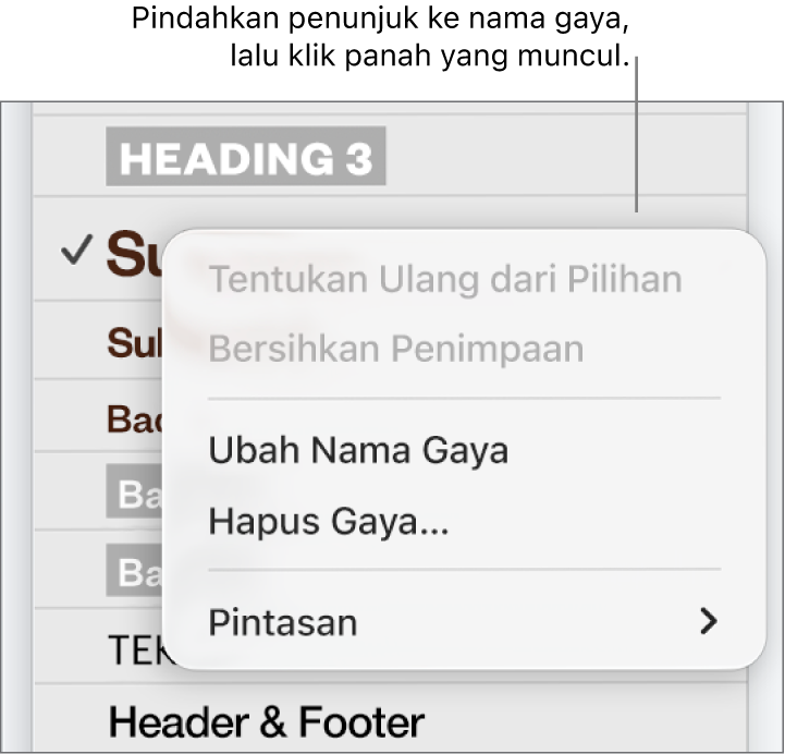 Menu Gaya Paragraf dengan menu pintasan yang terbuka.