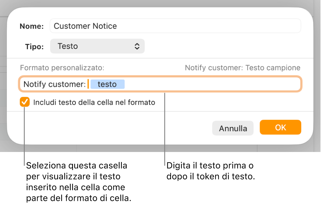 Finestra per la formattazione delle celle con controlli per scegliere un formato di testo personalizzato.