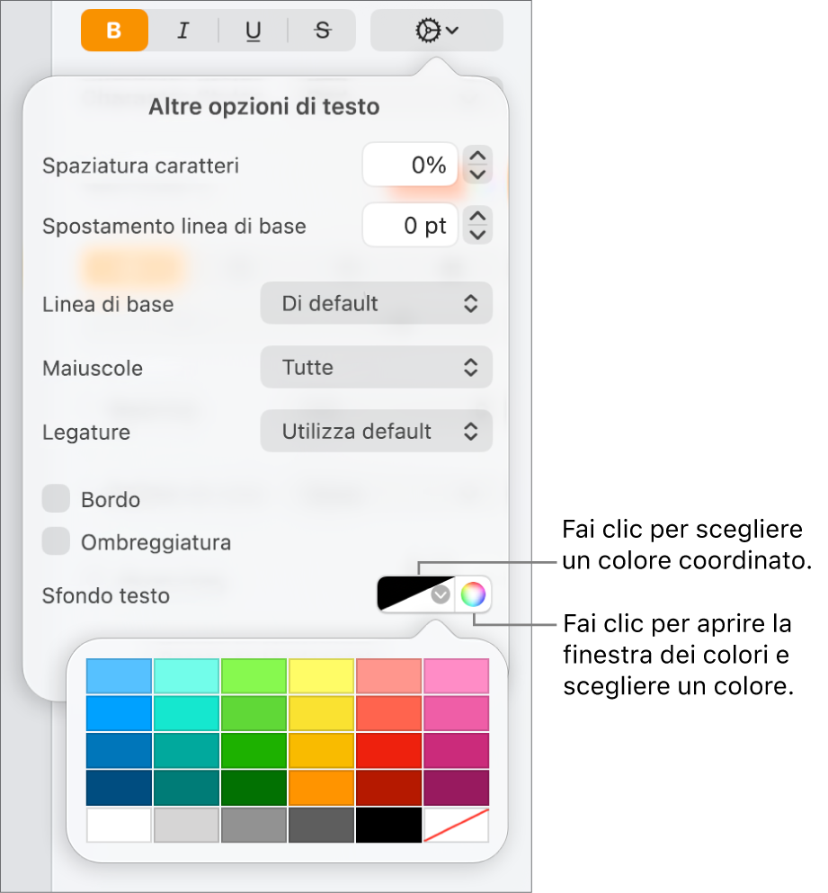 Controlli per la scelta di un colore di sfondo per il testo.
