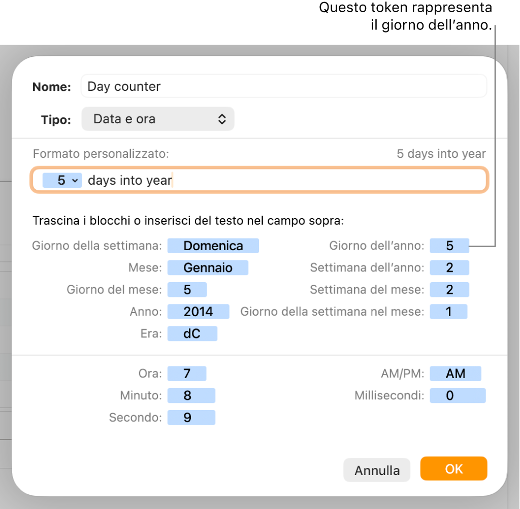 Finestra per la formattazione delle celle con controlli per scegliere un formato di data e ora personalizzato.
