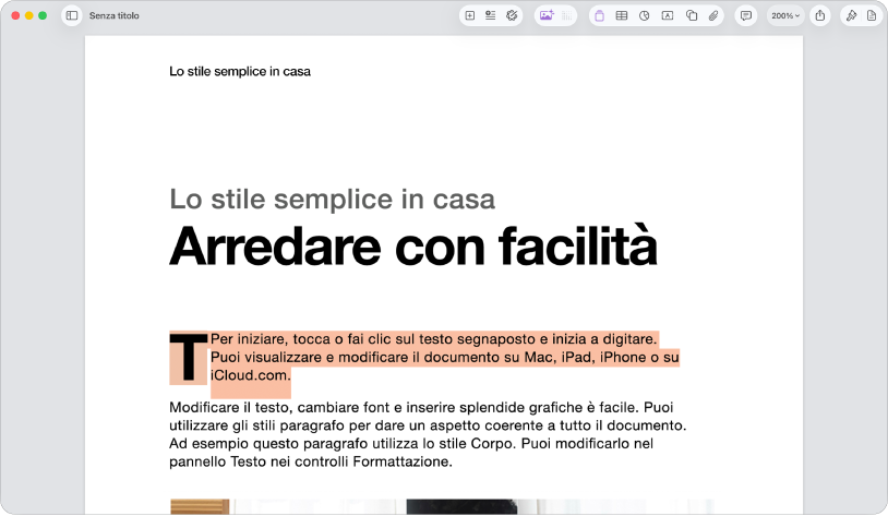 In un documento aperto con il testo segnaposto del modello selezionato.
