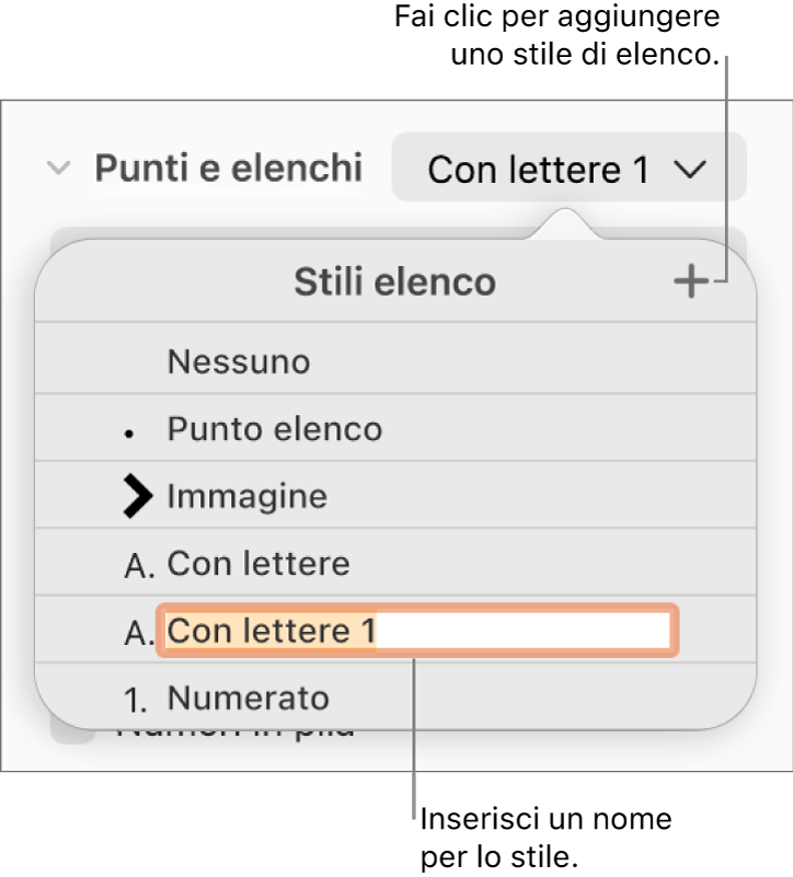 Menu a comparsa “Stili elenco” con un pulsante Aggiungi nell’angolo superiore destro e un nome di stile segnaposto con il suo testo selezionato.