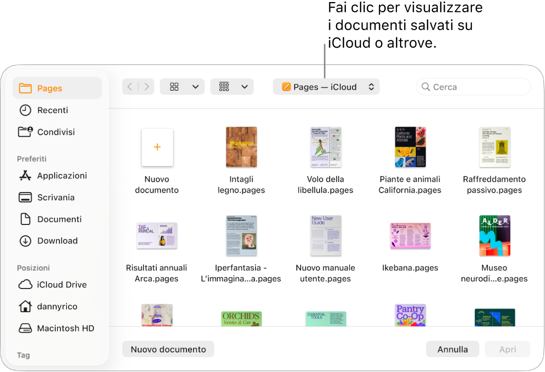 La finestra di dialogo Apri con la barra laterale aperta a sinistra e iCloud Drive selezionato nel menu a comparsa nella parte superiore. La cartella Pages viene visualizzata nella finestra di dialogo, insieme al pulsante”Nuovo documento”.